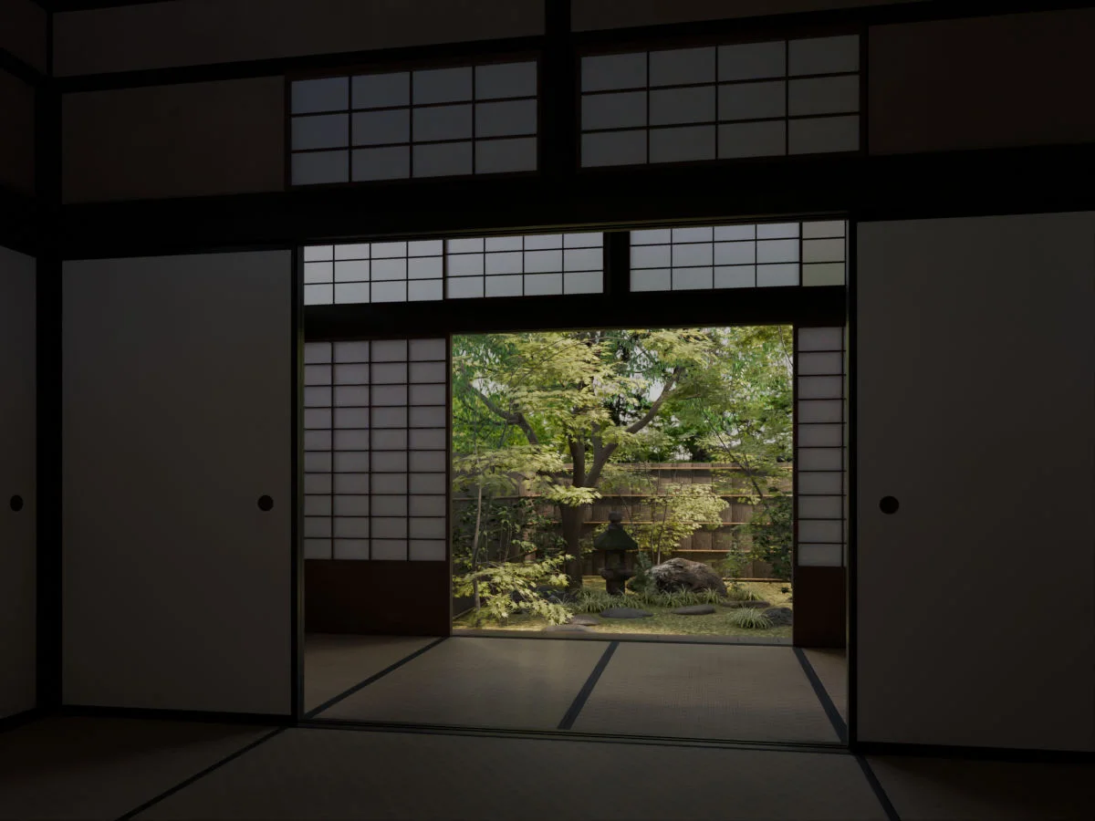 Garden viewed through a darkened tatami room