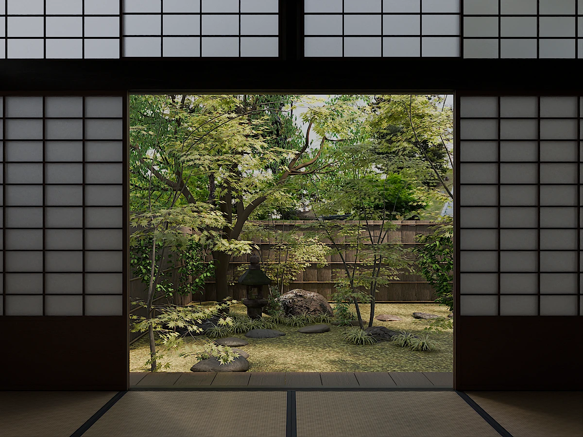 Koshizu Trees render — garden viewed from a tatami room
